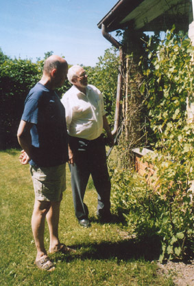 Far och son inspekterar 2006 års druvresultat på vinstocken.