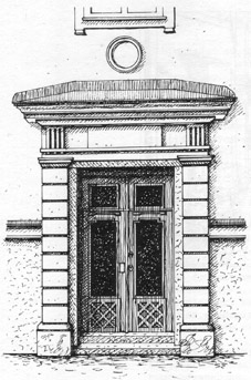 Kv Kattryggen 22, Brännkyrkagatan 44, 1926-27. Ark. A. Wallby. En från fasaden väl avgränsad klassicistisk portal, inspirerad av det sena 1700-talets arkitektur.