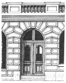 Kv Kejsaren 19, Högbergsgatan 32 A. 1885-86. Ark. C. Cederström. Portalens omfattning är antydd endast genom rustikvåningens valvmurning.