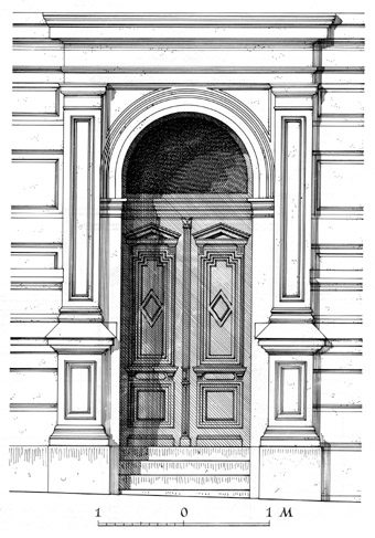 Kv Viggen 15, Tavastgatan 43. 1883-89. Ark. Grundström & Smith. Portal av klassisk modell med en kombination av de burna elementen arkitrav (balk) och arkivolt (båge).