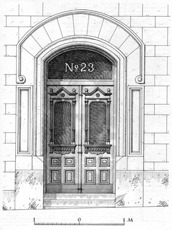 Kv Paris 13, Bellmansgatan 23. 1896-97. Ark. A.G. Forsberg. Stillsam medeltidsinspirerad perspektivportal i låg relief.