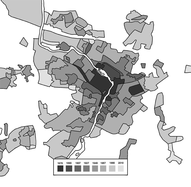 Eskilstunas bebyggelseutveckling 1876-2010. Bild: Mats Ohlin.