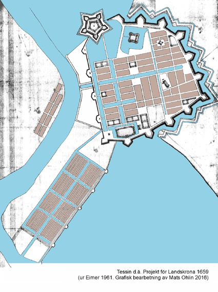 Nikodemus Tessin d.. Projekt fr Landskrona 1659 (ur Eimer 1961. Grafisk bearbetning av Mats Ohlin 2016)