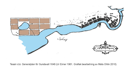 Nikodemus Tessin d.. Generalplan fr Sundsvall 1648 (ur Eimer 1961. Grafisk bearbetning av Mats Ohlin 2016)