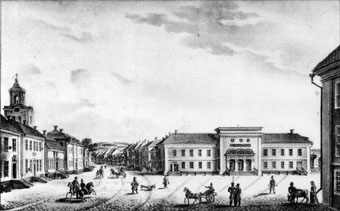 Stora torget och Östra Storgatan i Jönköping i mitten av 1800-talet. Kyrkokvarteret är benämningen på den stadsdel som är belägen till vänster om Storgatan och bakom teaterbyggnaden i torgets fond.