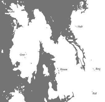 Järnålderns hypotetiska Hagerydsbygd. Den grå ytan markerar 300-metersnivån, tänkt som en ungefärlig vattenhöjd vid tiden.